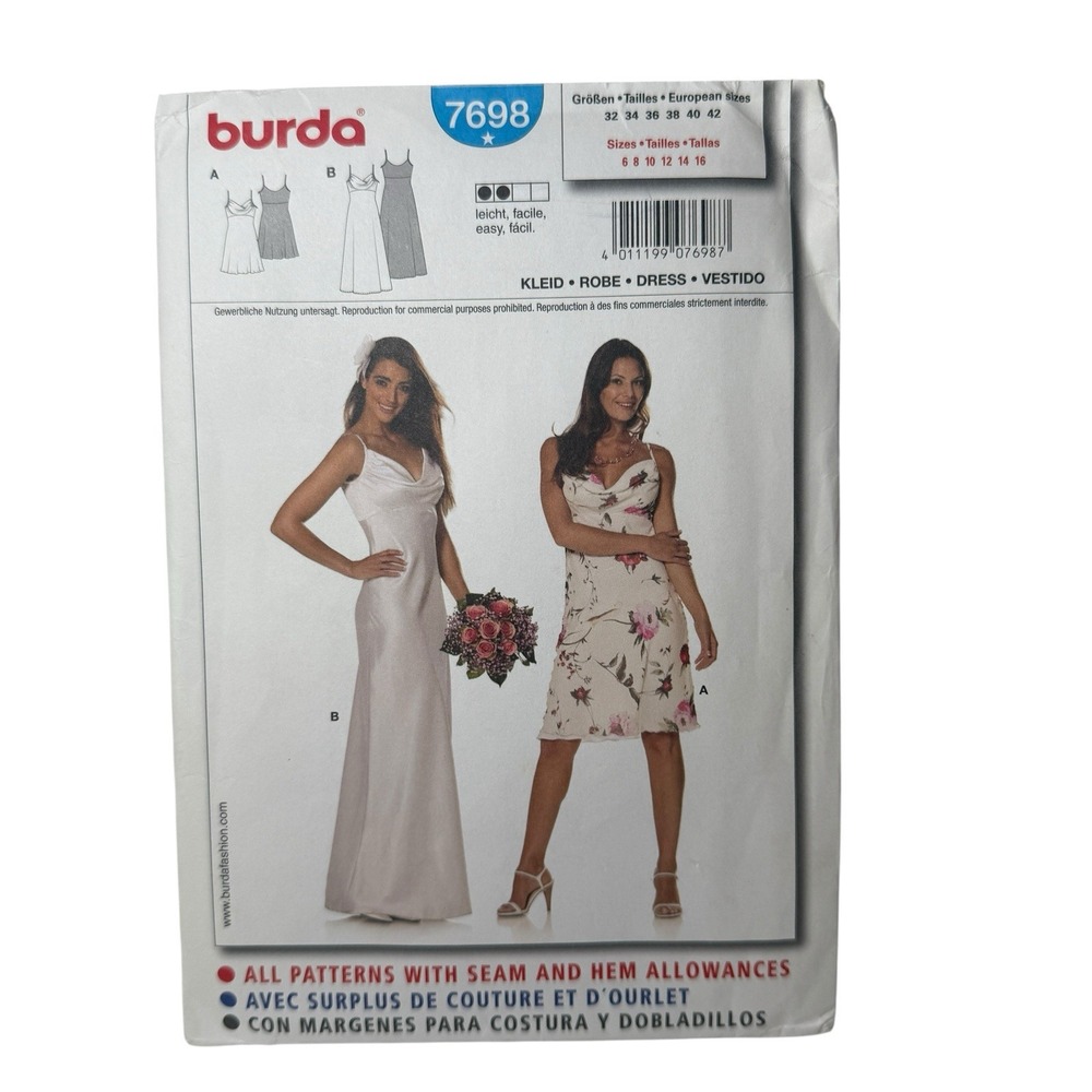 Burda Pattern 7698 Wedding Dresses 2 Lengths Sizes‎ 6 8 10 12 14 16 UNCUT